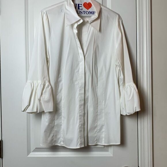 BCBG Maxazria White 3/4 Sleeve Button-Down with Ruffles Sleeves Size Large - Picture 2 of 9